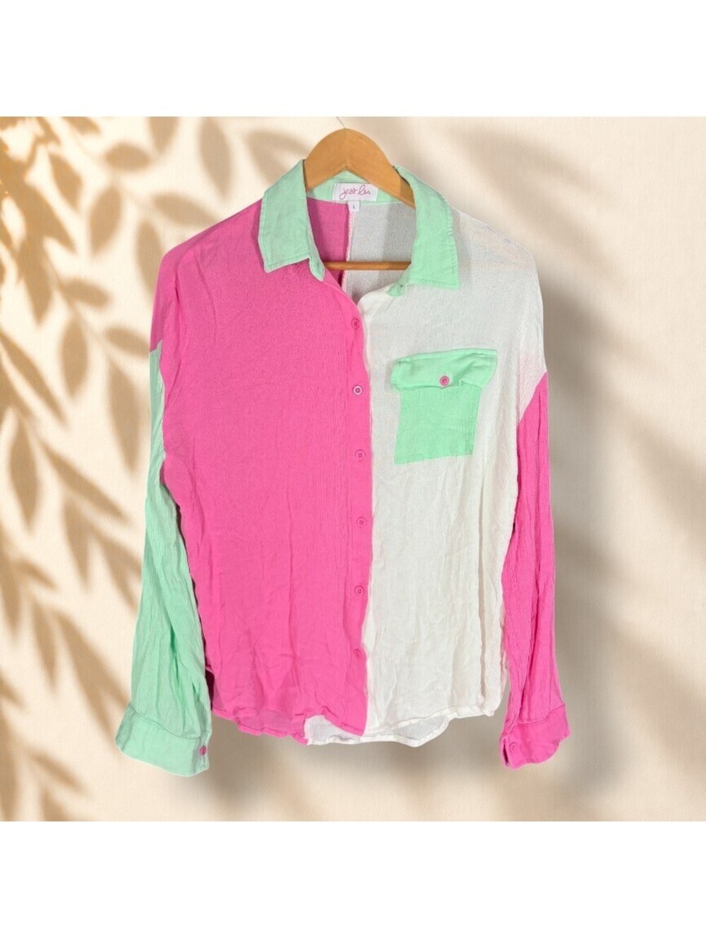 Jess Lea Shirt Women L Large Pink Colorblock Button Up Collared Long Sleeve